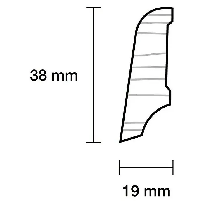 Sockelleiste - 240 x 1,8 x 4 cm, Buche gedämpft - Abbildung eines Zierprofils mit den Maßen 38 mm Höhe und 19 mm Breite, ideal für die Gestaltung von Innenräumen.