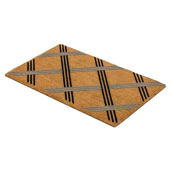 Astra Coco Fußmatte Design - 45 x 75 cm, Kokosbraun/Schwarz, Material Nutzschicht: 100 % Kokos, Karo, Kokos - Fußmatte mit braunem Kokosfaser-Hintergrund, drei schwarzen Linien und grauen horizontalen Streifen für den Eingangsbereich.
