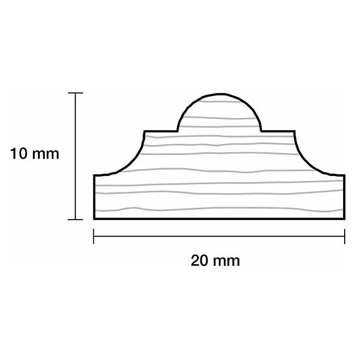 Profiles and more Profilleiste - 240 x 2 x 1 cm, Kiefer - Skizze eines Holzprofils mit den Maßen 20 mm Breite und 10 mm Höhe, ideal für Design- und Handwerksprojekte.