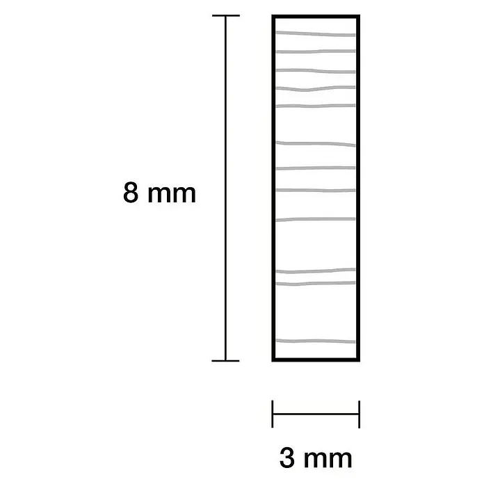 Rechteckleiste - 90 cm x 8 mm x 3 mm, Kiefer - Darstellung eines rechteckigen, schwarzen Objekts mit grauen Linien. Die Höhe beträgt 8 mm, die Breite 3 mm.