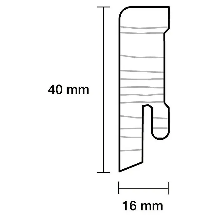 Sockelleiste - 240 x 1,6 x 4 cm, Kiefer - Technische Zeichnung eines Kunststoffprofils mit den Maßen 40 mm Höhe und 16 mm Breite.