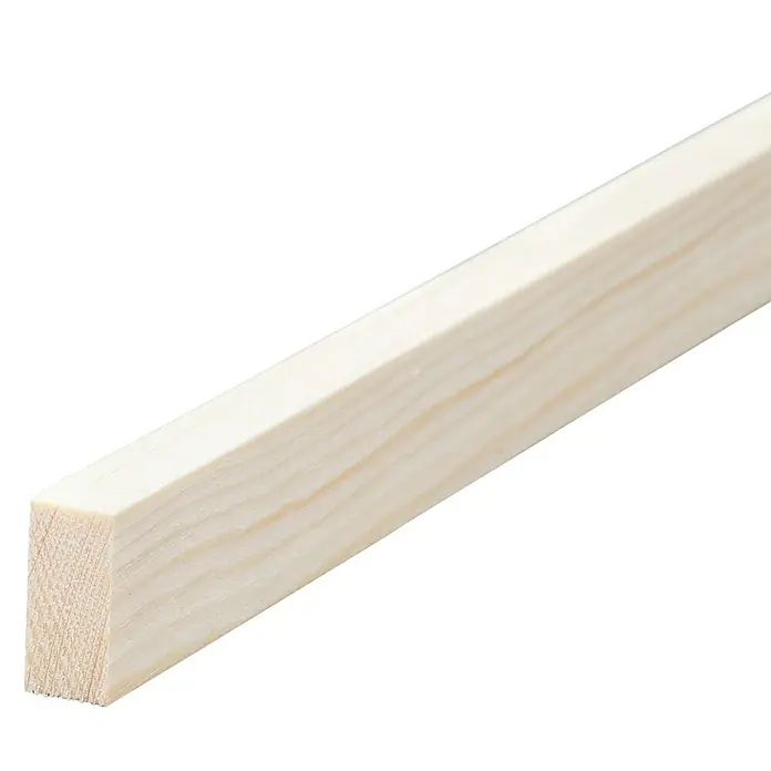 Rechteckleiste300 x 1 x 1,3 cm, Kiefer - Nahaufnahme eines hellen, unbehandelten Vierkantholzes, das die natürliche Holzmaserung zeigt, ideal für Bau- oder Bastelprojekte.