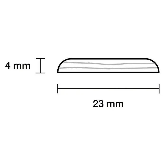 Profiles and more Abschlussleiste - L x B x H: 240 x 2,3 x 0,4 cm, Kiefer - Abbildung eines zylindrischen Objekts mit Abmessungen, das eine Breite von 23 mm und eine Höhe von 4 mm aufweist.