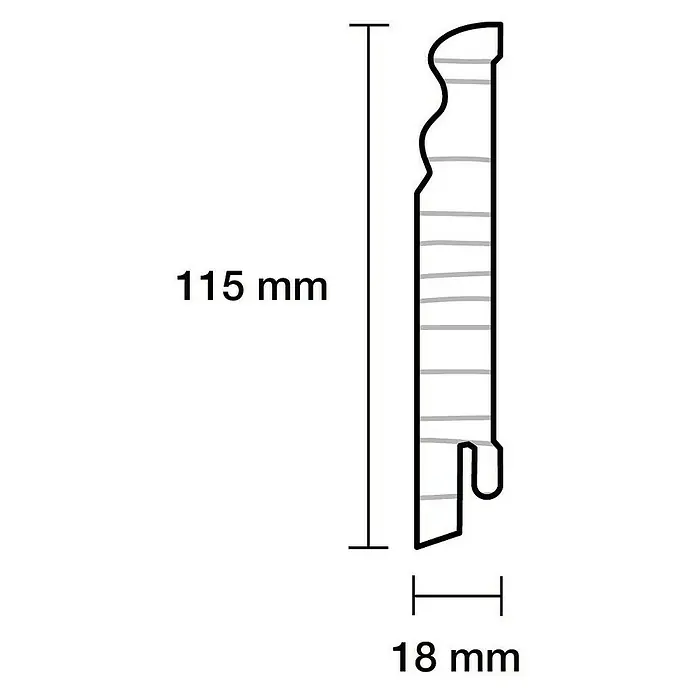 Sockelleiste Massiv - 240 x 1,8 x 11,5 cm, Kiefer, Profiliert, Lackiert - Abbildung eines Zierprofils mit den Maßen 115 mm Höhe und 18 mm Breite. Das Profil hat eine dekorative Form und ist detailliert dargestellt.