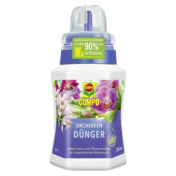 Compo Orchideendünger - 250 ml - Nahaufnahme einer Flasche Compo Orchideendünger, die zu über 90% aus recyceltem Altplastik besteht.