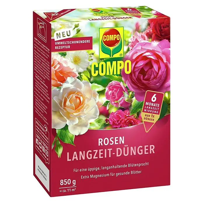 Compo Langzeitdünger Rosen850 g - COMPO Rosen Langzeit-Dünger für üppige Blütenpracht. Enthält extra Magnesium für gesunde Blätter und sorgt für 6 Monate Wirkung.