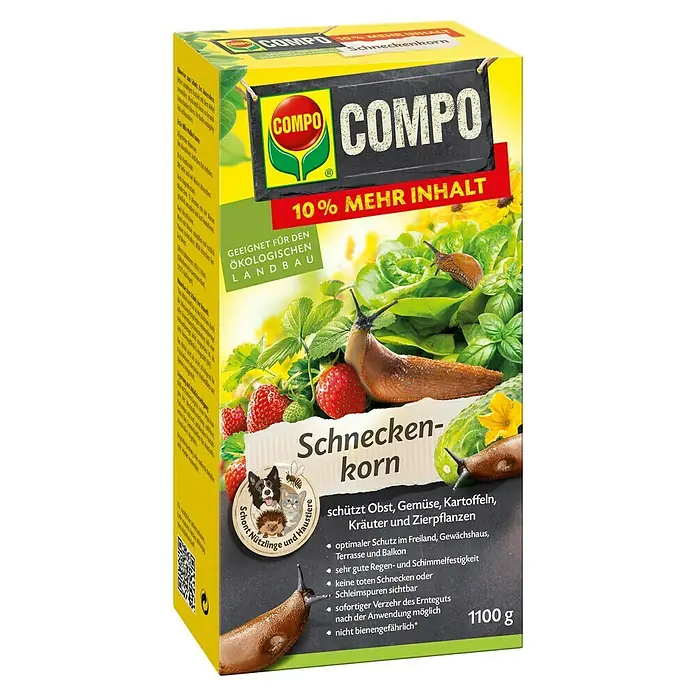 Compo Schneckenkorn - 1,1 kg - Produktbild von COMPO Schneckenkorn, einem Schädlingsbekämpfungsmittel, das Obst, Gemüse und Kräuter schützt und für den Ökolandbau geeignet ist.