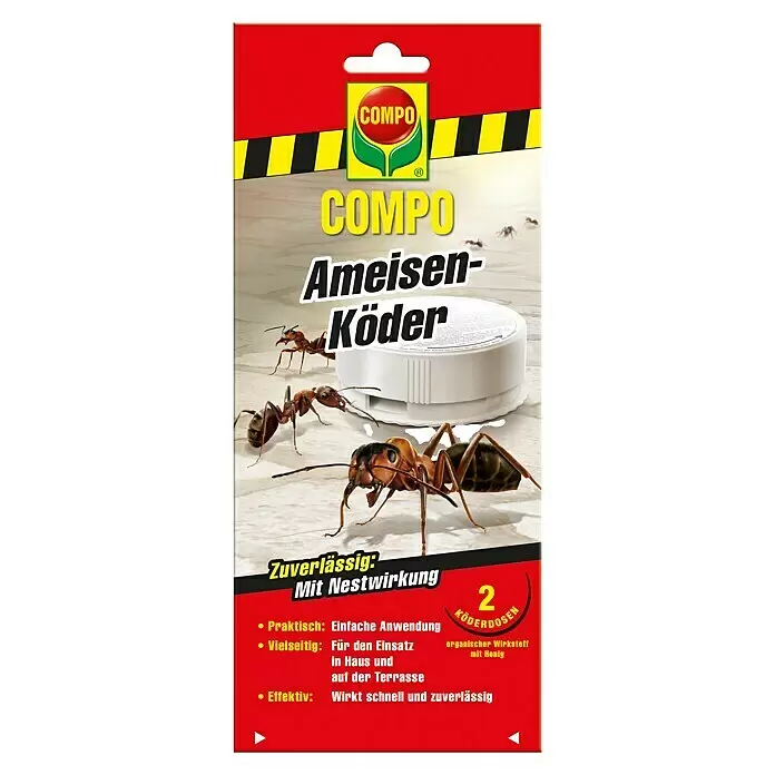 Compo Ameisenköder - 2 Stk. - COMPO Ameisenköder-Packung mit zwei weißen Köderdosen und Ameisen. Zuverlässige Schädlingsbekämpfung für Haus und Terrasse.