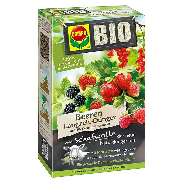 Compo Langzeitdünger Beeren - 750 g - Produktbild einer Packung COMPO BIO Beeren Langzeit-Dünger, einem organischen Dünger mit Schafwolle für gesunde und schmackhafte Früchte.