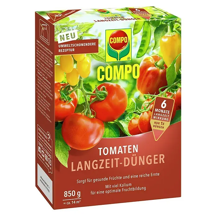 Compo Langzeitdünger Tomaten - 850 g, Max. Anwendungsfläche: 14 m² - Compo Tomaten Langzeit-Dünger für gesunde Früchte und reiche Ernte. Mit viel Kalium für optimale Fruchtbildung.