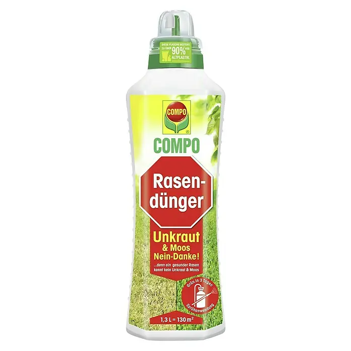 Compo Rasendünger Unkraut & Moos Nein Danke1,3 l - COMPO Rasendünger-Flasche zur Bekämpfung von Unkraut und Moos, hergestellt aus über 90 % recyceltem Kunststoff, Inhalt 1,3 L für 130 m².