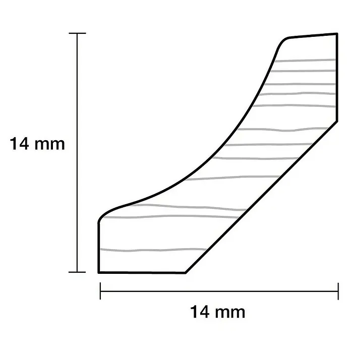 Profiles and more Hohlkehlleiste - 240 x 1,4 x 1,4 cm, Kiefer - Skizze eines 14 mm x 14 mm großen Zierprofils mit abgerundeten Kanten und subtilen grauen Schattierungen, das die Tiefe hervorhebt.