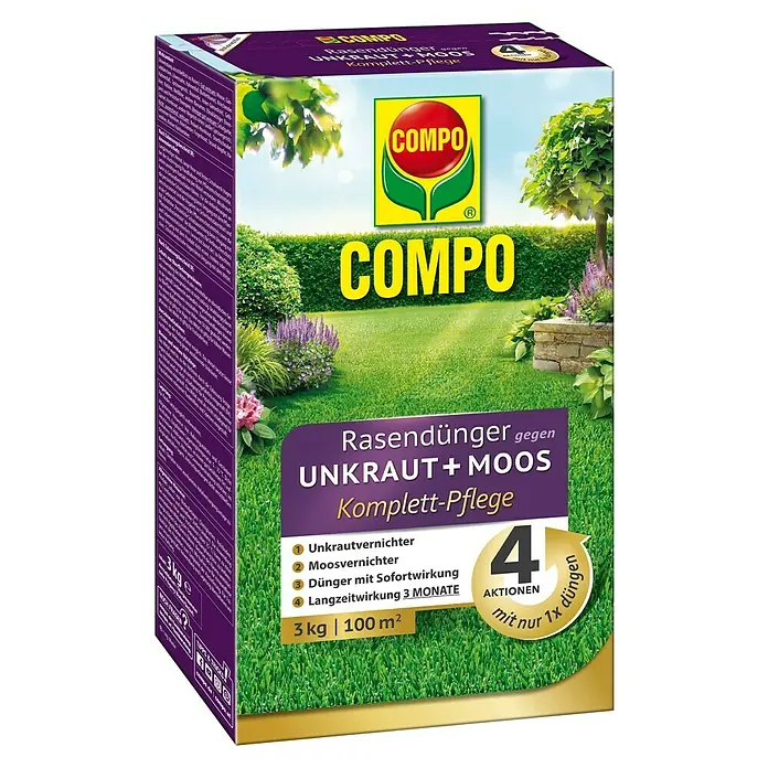 Compo Rasendünger gegen Unkraut & Moos - 3 kg - COMPO Rasendünger gegen Unkraut und Moos Komplett-Pflege, 3 kg Packung. Ideal für einen gesunden, moosfreien Rasen mit Langzeitwirkung.