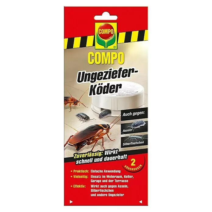 Compo Ungeziefer-Köderbox - 2 Stk. - COMPO Ungeziefer-Köder-Verpackung in Rot, Gelb und Schwarz, zeigt Schaben, Asseln und Silberfischchen sowie zwei weiße Köderdosen.