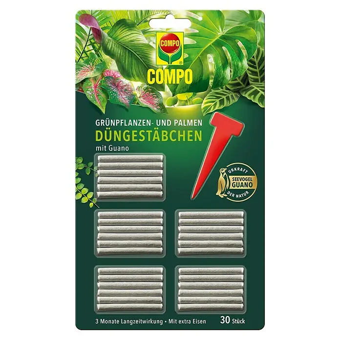 Compo Grünpflanzen-Düngestäbchen - 30 Stk. - Produktverpackung der Compo Dünge-Stäbchen für Grünpflanzen und Palmen mit Guano für eine Langzeitwirkung von 3 Monaten.
