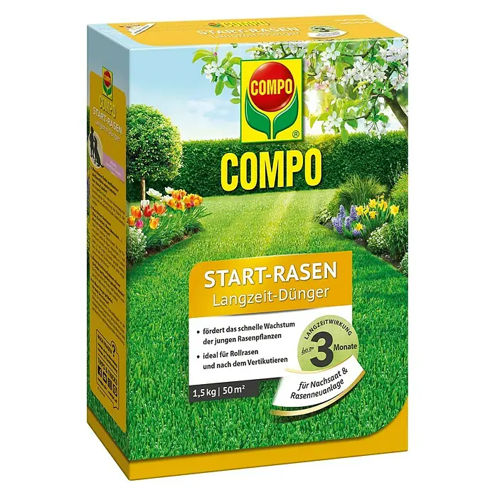 Compo Langzeitdünger Start-Rasen1,5 kg - COMPO Start-Rasen Langzeit-Dünger: Fördert schnelles Wachstum, ideal für Rollrasen & Rasenneuanlage, 1,5 kg für 50 m².