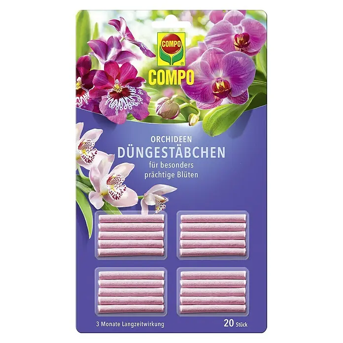 Compo Orchideendünger Orchideen - 20 Stk. - Produktbild von COMPO Orchideen Düngestäbchen für prächtige Blüten, 20 Stück, mit Langzeitwirkung für 3 Monate.