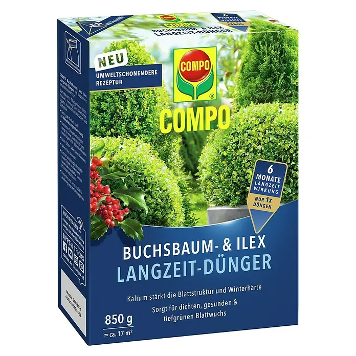 Compo Langzeitdünger Buchsbaum & Ilex - 850 g - COMPO Buchsbaum- & Ilex Langzeit-Dünger: Ein Langzeitdünger für Buchsbaum und Ilex, der für dichten, gesunden und tiefgrünen Blattwuchs sorgt.