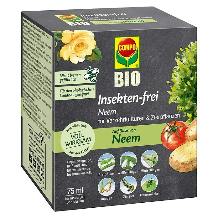 Compo Bio-Insektenschutzmittel Neem75 ml - COMPO Bio Insekten-frei Neem für Verzehrkulturen & Zierpflanzen. Bekämpft saugende, beißende und blattminierende Insekten.