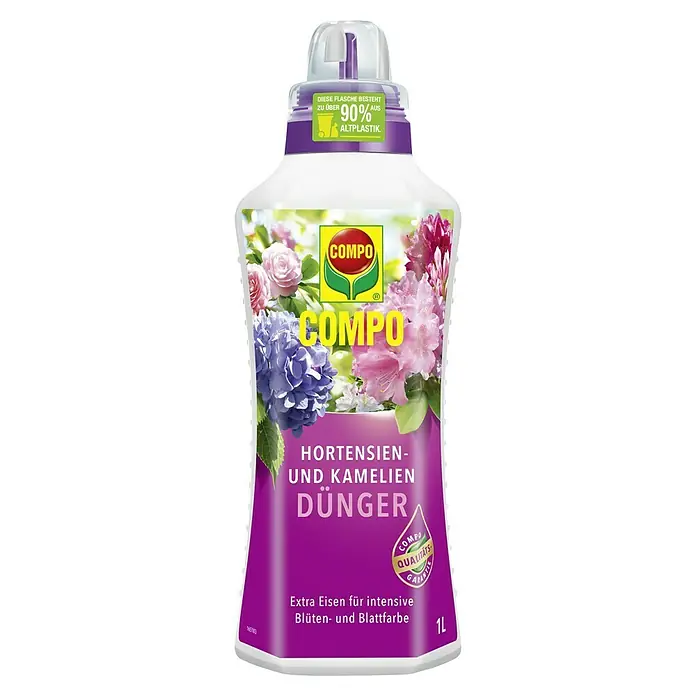 Compo Hortensiendünger - 1 l - Abbildung einer Flasche COMPO Hortensien- und Kameliendünger mit dem Hinweis, dass die Flasche zu über 90% aus Altplastik besteht.