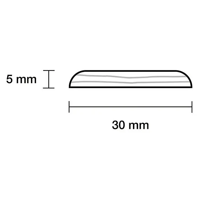 Profiles and more Abschlussleiste - L x B x H: 240 x 3 x 0,5 cm, Kiefer - Abbildung eines Holzstücks mit Maßen. Das Holzstück ist 30 mm lang und 5 mm hoch und oben abgerundet.