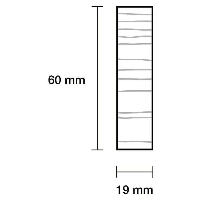 Rechteckleiste - 90 cm x 60 mm x 19 mm, Kiefer - Abbildung eines rechteckigen Holzstücks mit den Maßen 60 mm Länge und 19 mm Breite, das die Holzmaserung zeigt.