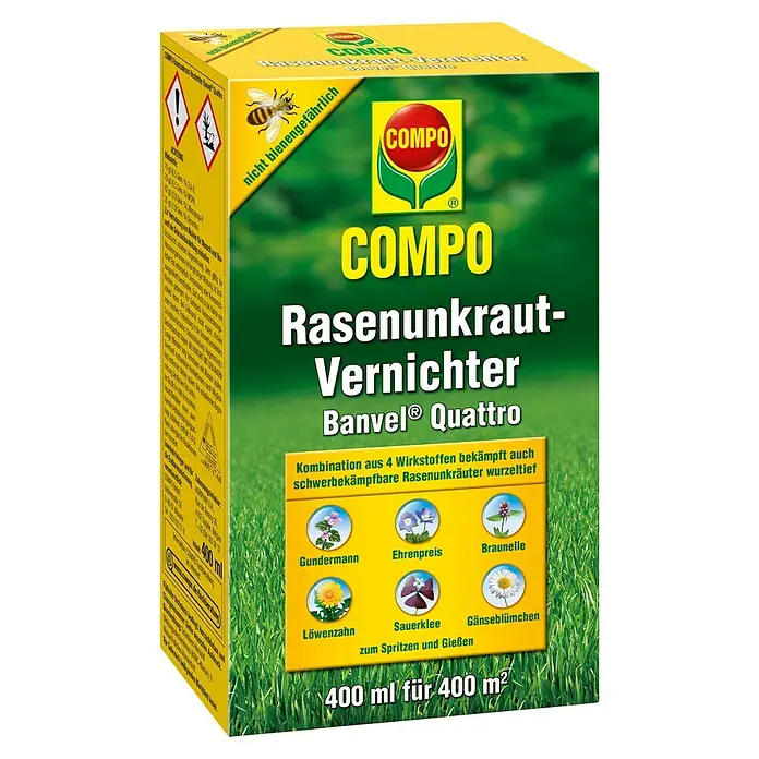 Compo Unkrautvernichter Banvel Quattro - 400 ml - COMPO Rasenunkraut-Vernichter Banvel Quattro: Bekämpft zuverlässig schwerbekämpfbare Rasenunkräuter wurzeltief. Für einen gesunden, unkrautfreien Rasen.