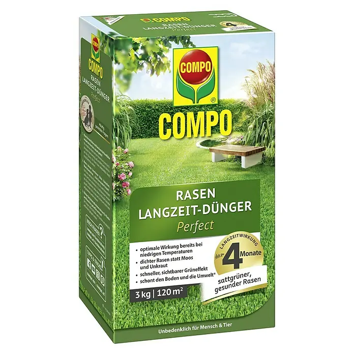 Compo Langzeit-Rasendünger - 3 kg - Rasen Langzeit-Dünger Perfect von COMPO. Der Dünger sorgt für einen sattgrünen, gesunden Rasen und wirkt bis zu 4 Monate.