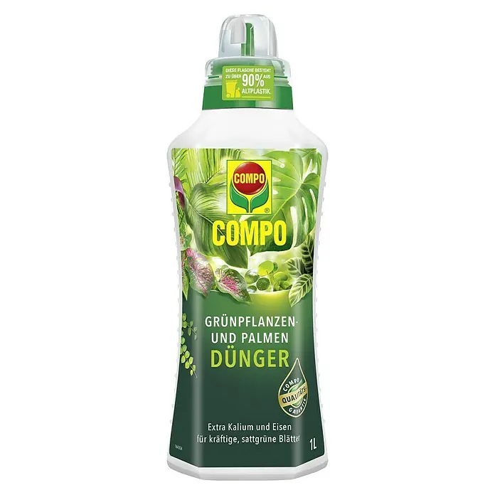 Compo Universaldünger - 1 l - Das COMPO Grünpflanzen- und Palmendünger sorgt mit Kalium und Eisen für kräftige, sattgrüne Blätter. Die Flasche besteht zu über 90% aus Altplastik.