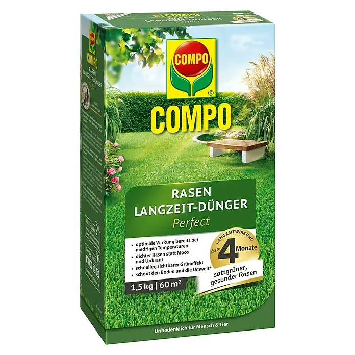 Compo Langzeit-Rasendünger - 1,5 kg - Abbildung einer Packung COMPO Rasen Langzeit-Dünger Perfect, einem Dünger für einen sattgrünen, gesunden Rasen.
