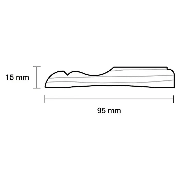 Profilleiste - 240 x 9,5 x 1,5 cm, Kiefer - Abbildung eines Holzprofils mit den Maßen 95 mm Länge und 15 mm Höhe. Das Profil zeigt eine dekorative Form mit Holzmaserung.