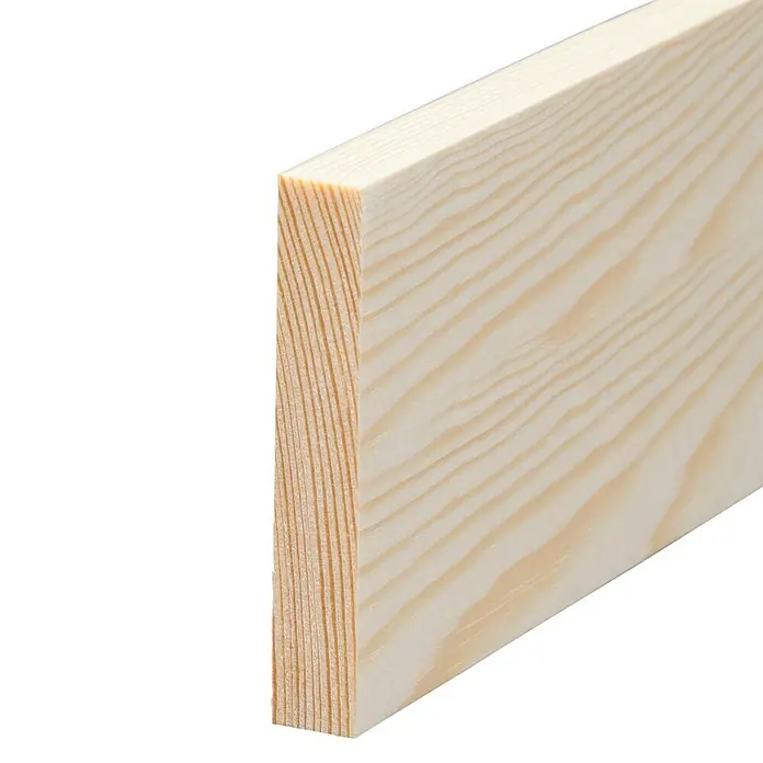 Rechteckleiste - 240 x 8 x 1,3 cm, Kiefer - Nahaufnahme eines hellen, unbehandelten Holzbretts mit deutlicher Maserung, ideal für Bau- und DIY-Projekte.