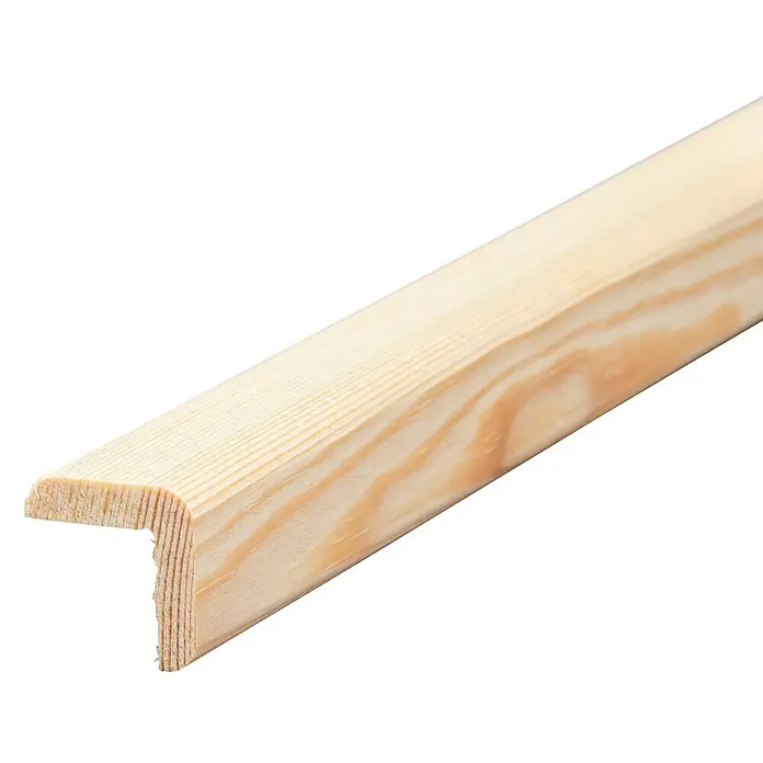 Winkelleiste - 90 cm x 27 mm x 27 mm, Kiefer - Detailaufnahme einer hellen, unbehandelten Holzleiste mit abgerundeter Kante, ideal für den Innenausbau und Möbelbau.