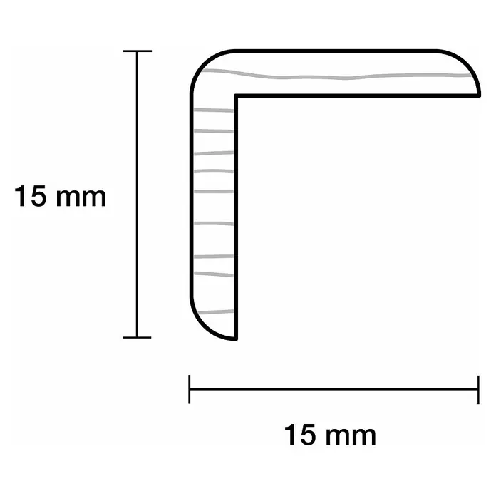 Winkelleiste - 90 cm x 15 mm x 15 mm, Kiefer - Abbildung eines L-förmigen Profils mit abgerundeten Kanten und den Maßen 15 mm x 15 mm, ideal für den Kantenschutz und die Dekoration.