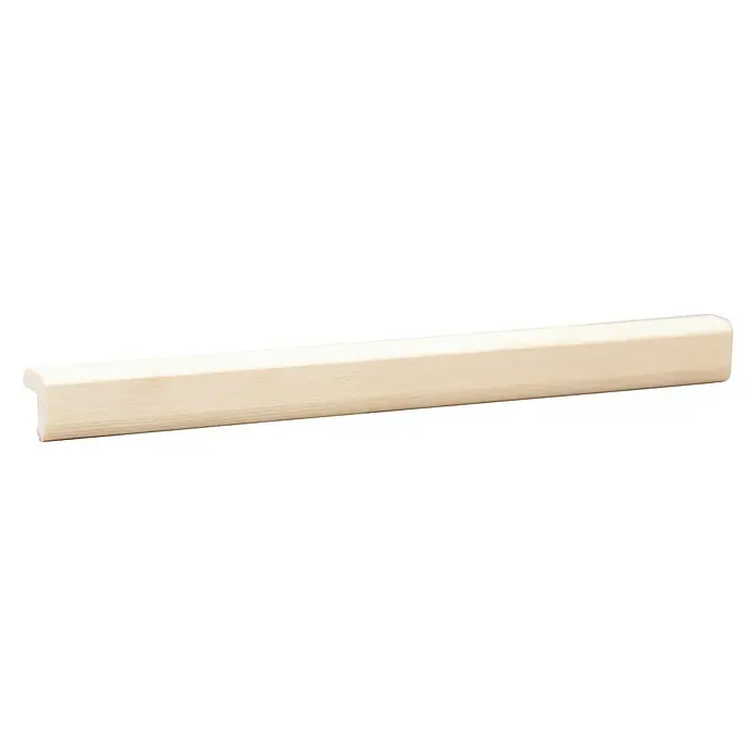 Winkelleiste - 90 cm x 15 mm x 15 mm, Kiefer - Nahaufnahme eines hellen, unbehandelten Holzprofils, das typischerweise für Zierleisten oder Kanten verwendet wird. Es zeigt die natürliche Maserung.
