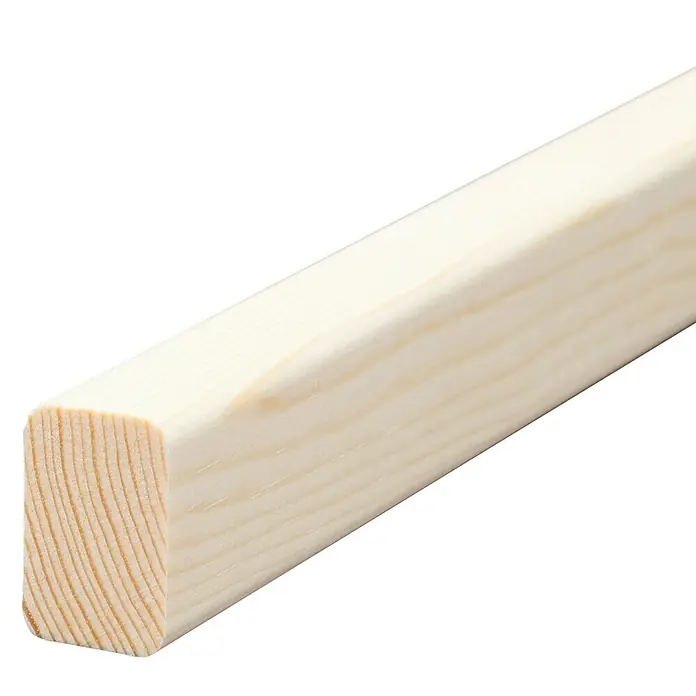 Bankleiste - 90 cm x 30 mm x 19 mm, Kiefer - Nahaufnahme eines hellen, unbehandelten Vierkantholzes mit abgerundeten Kanten, das die natürliche Maserung betont. Ideal für Bau- und Bastelprojekte.