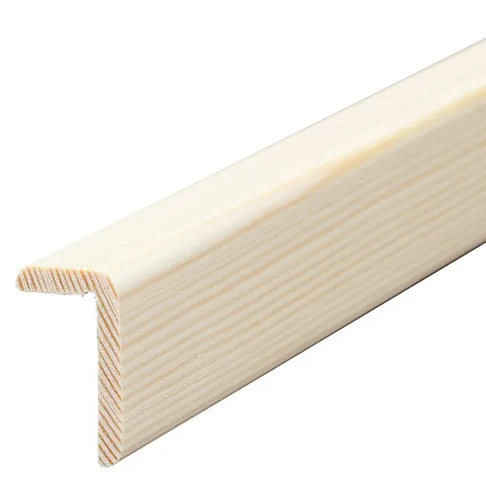 Winkelleiste - 90 cm x 33 mm x 19 mm, Kiefer - Nahaufnahme einer hellen, unbehandelten Holzleiste mit einer abgerundeten Kante, ideal für Rahmen oder als dekoratives Element.