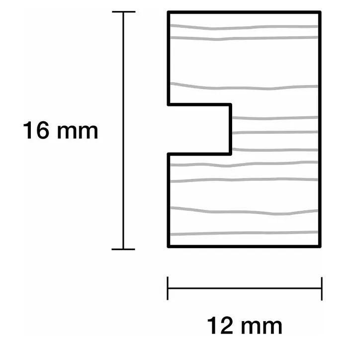 Nutleiste - L x B x H: 90 cm x 16 mm x 12 mm, Kiefer - Abbildung eines Holzelements mit den Maßen 16 mm Höhe und 12 mm Breite, ideal für Bau- oder Bastelprojekte.
