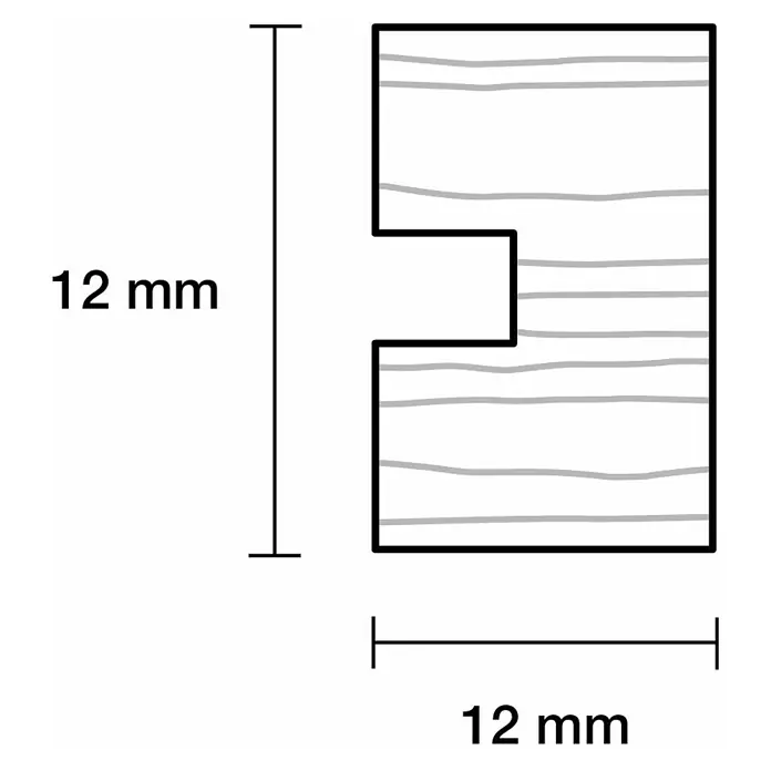 Nutleiste - L x B x H: 90 cm x 12 mm x 12 mm, Kiefer - Darstellung eines Holzprofils mit den Maßen 12x12 mm. Das Profil hat eine Nut in der Mitte. Ideal für Möbelbau oder Innenausbau.