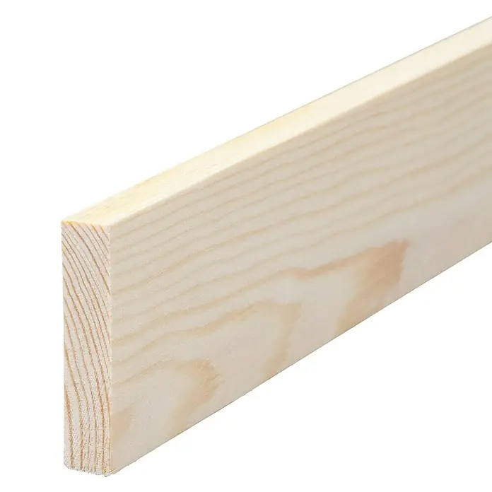 Rechteckleiste - 210 x 1 x 4,7 cm, Kiefer - Nahaufnahme eines hellen, unbehandelten Holzbretts, das die natürliche Maserung des Holzes und seine rechteckige Form hervorhebt.