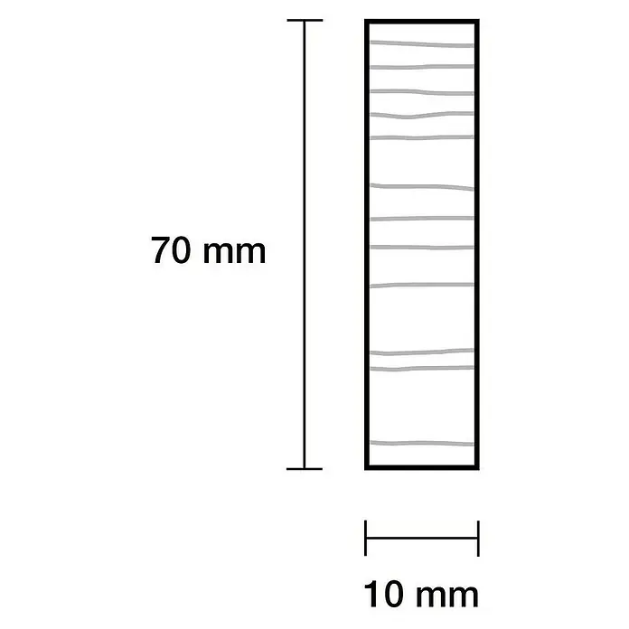 Rechteckleiste - 240 x 7 x 1 cm, Kiefer - Abbildung eines Holzstücks mit den Maßen 70 mm x 10 mm, das die Struktur des Holzes zeigt.