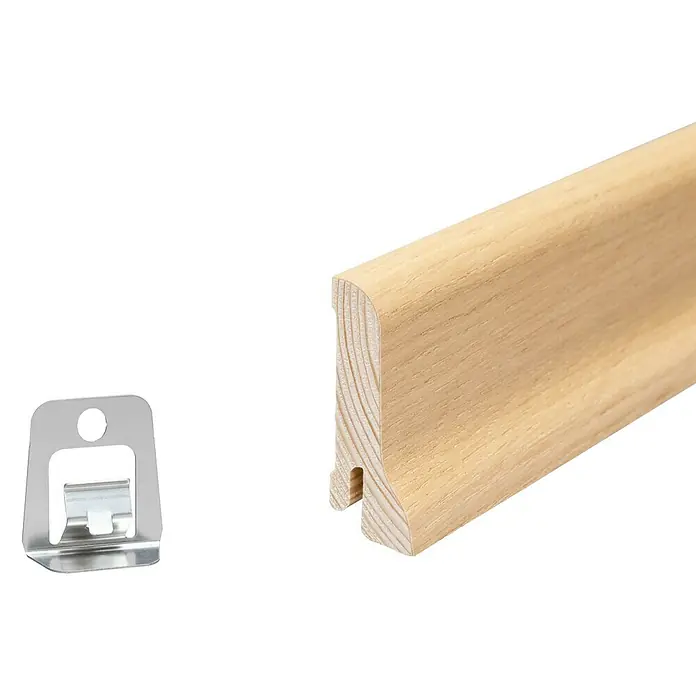 Sockelleiste - 240 x 2,2 x 6 cm, Eiche hell - Holzsockelleiste und Montageclip. Die Holzsockelleiste ist unbehandelt und hat eine abgerundete Kante. Der Montageclip ist aus Metall.