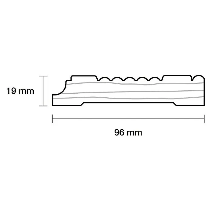 Profilleiste - 240 x 9,6 x 1,9 cm, Kiefer - Profilansicht einer Holzleiste mit den Maßen 96 mm Breite und 19 mm Höhe, ideal für Verzierungen und Rahmen.