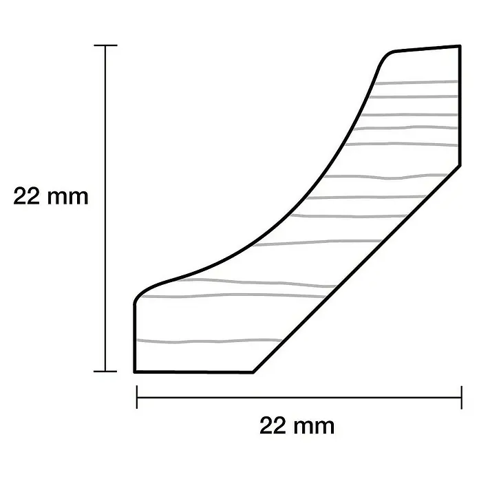Profiles and more Hohlkehlleiste - 242 x 2,2 x 2,2 cm, Eiche - Abbildung eines 22mm x 22mm großen Holzprofils mit horizontalen Maserungslinien.
