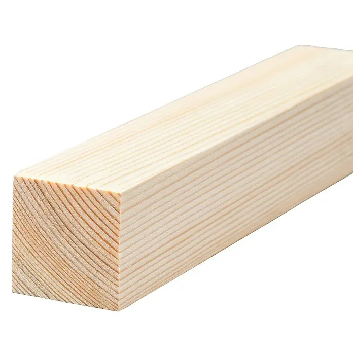 Quadratleiste - L x B x H: 240 x 3,5 x 3,5 cm, Kiefer - Nahaufnahme eines hellen, unbehandelten Holzstücks mit deutlicher Maserung, ideal für Bau- oder Handwerksprojekte.