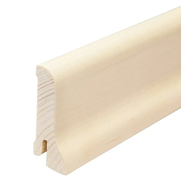 Sockelleiste - 240 x 2,1 x 6 cm, Ahorn - Nahaufnahme einer unbehandelten Holzfußleiste mit abgerundeten Kanten und einer Nut, ideal für Innenausbauprojekte.