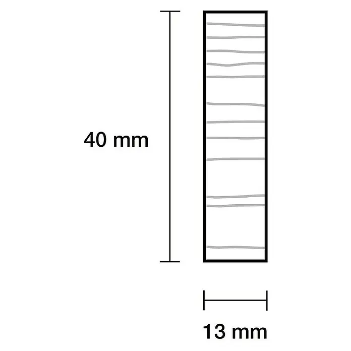 Rechteckleiste - 242 x 1,3 x 4 cm, Eiche - Abbildung eines Holzstücks mit den Maßen 40 mm Höhe und 13 mm Breite, das die Maserung und die Struktur des Holzes zeigt.
