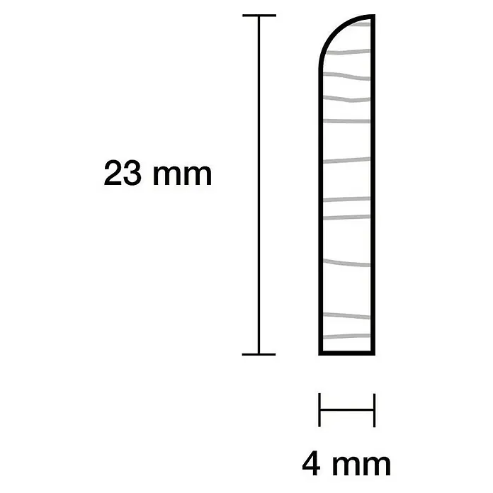 Profiles and more Rechteckleiste - 240 x 0,4 x 2,3 cm, Kiefer - Produktskizze eines Sockelleistenprofils mit abgerundeter Kante, Maße 23 mm hoch und 4 mm breit.