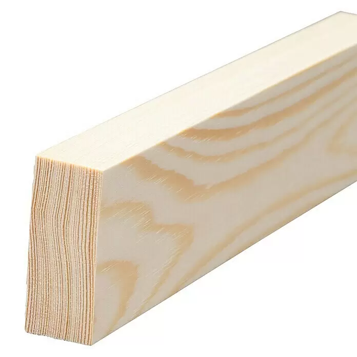 Rechteckleiste - 90 cm x 47 mm x 19 mm, Kiefer - Helles Holzbrett mit sichtbarer natürlicher Maserung an Fläche und Stirnseite, geeignet für Bau- oder Bastelarbeiten.