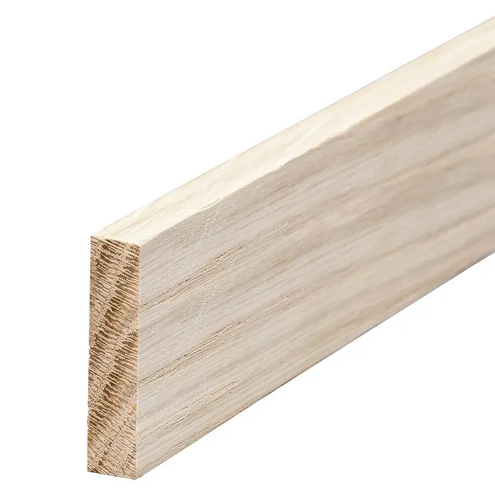 Rechteckleiste - 100 x 1 x 6 cm, Eiche - Nahaufnahme einer hellen, rechteckigen Holzleiste, die die natürliche Maserung und die saubere Schnittfläche des Materials hervorhebt.